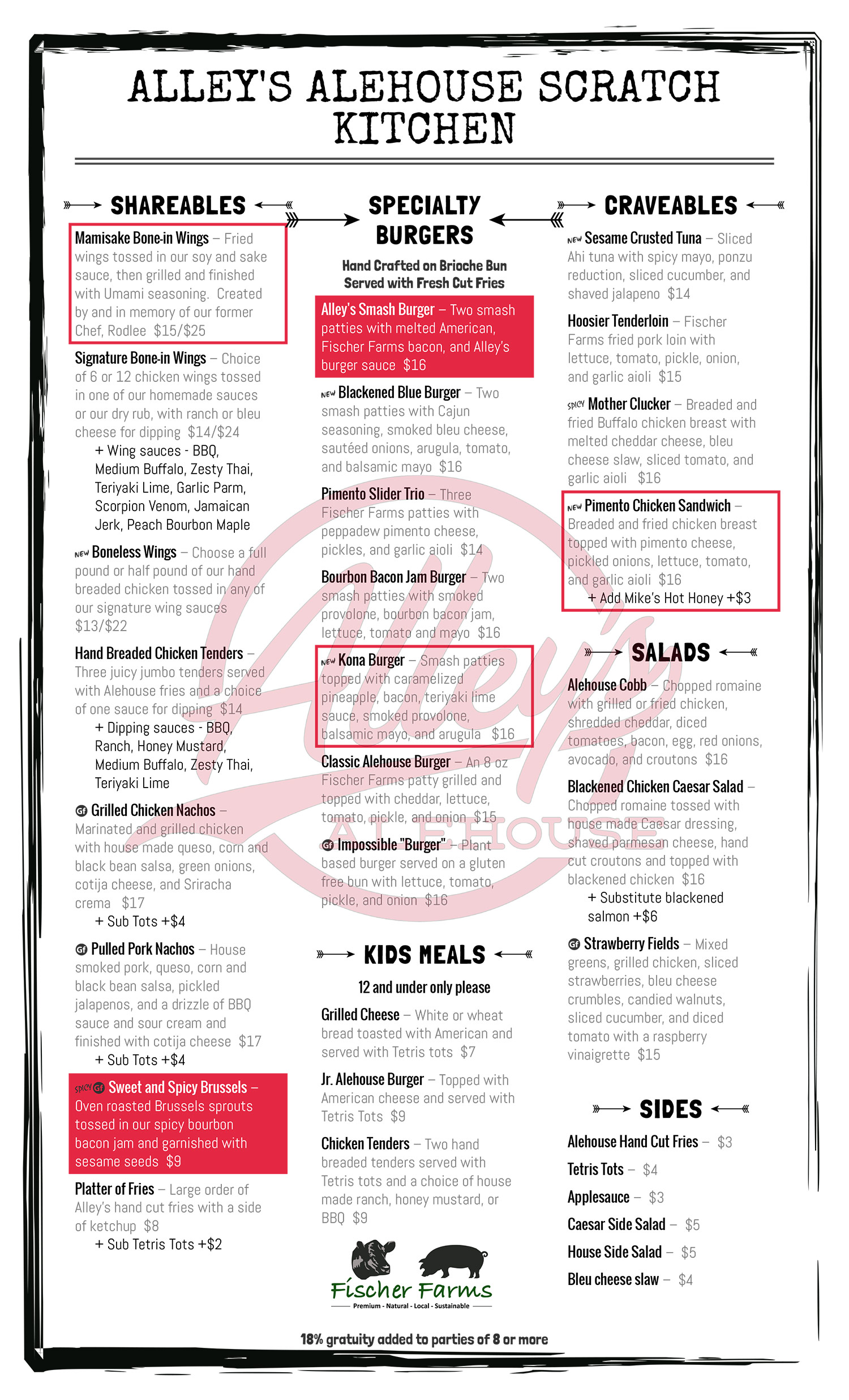 Alley's Alehouse Spring 2025 Menu