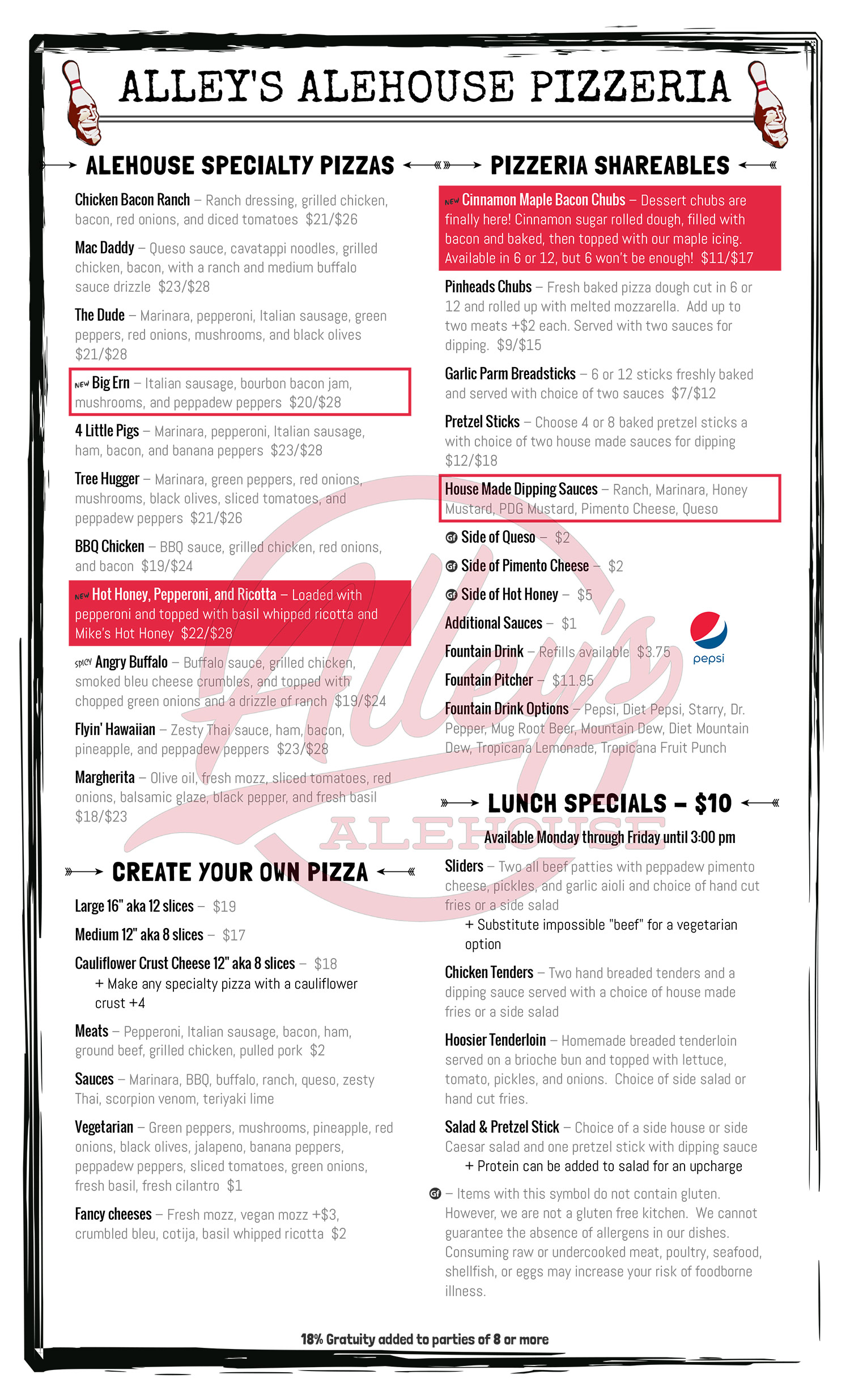 Alley's Alehouse Spring 2025 Pizzeria Menu