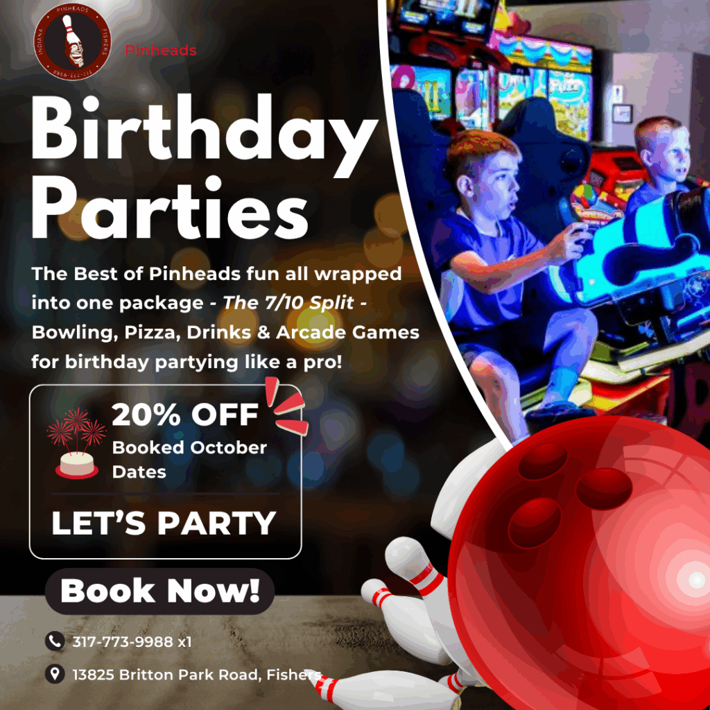 Birthday Party: The best of Pinheads fun wrapped into one package - 7/10 Split - Bowling, Pizza, Drinks & Arcade Games for birthday partying like a pro. 20% Off when Booked October Dates